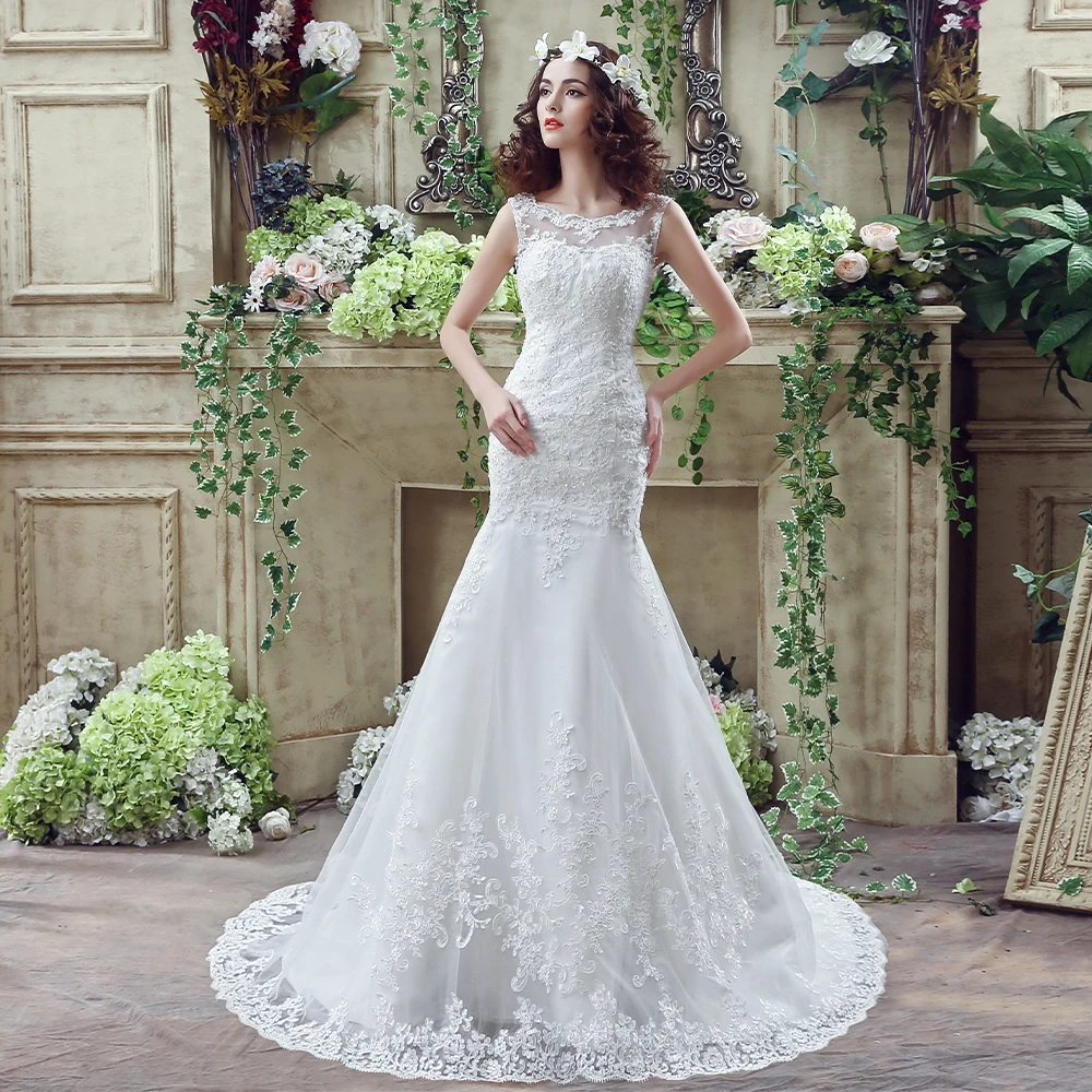 Customized O-neck Sleeveless Floor Length Lace Mermaid Long Dresses Wedding Party Vestido De Festa De Casamento Dress for Women