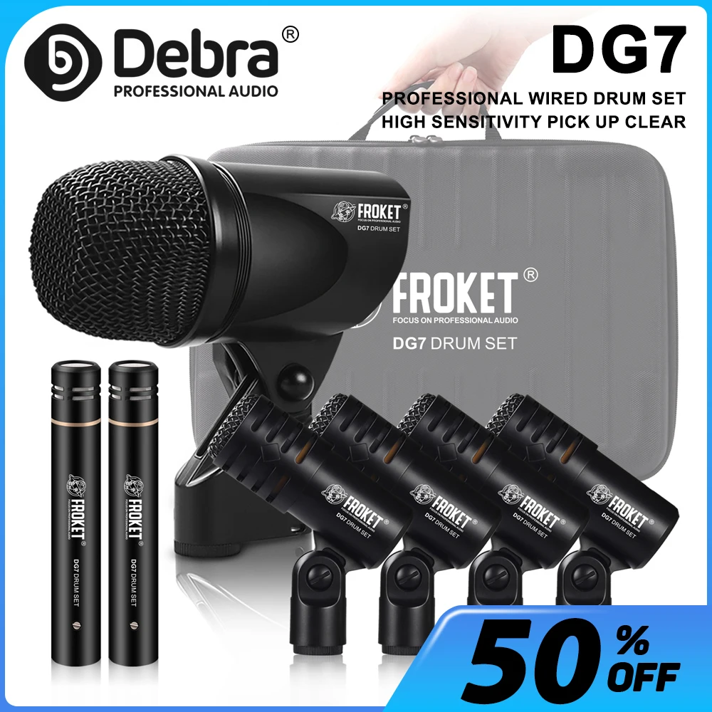 DG7 Wired Dynamic Drum Mic Kit, Bass Percussion Snare Drum Evolution Series with Clip Arm Stand Professional Drum Mic Kit