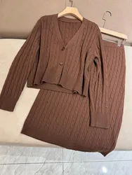 Autumn 2024 Women's Skirt Set Cable Knitted Sweater Cardigan + Hip-Wrapped Half-length Skirt 2-Piece Suit