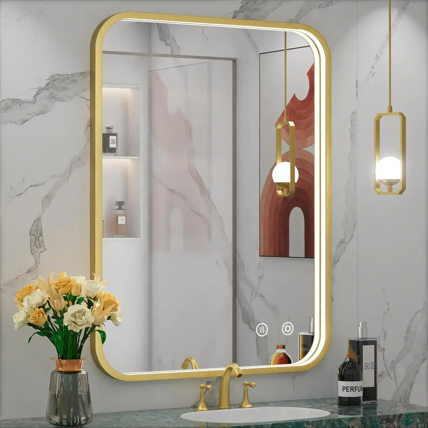 24 x 36 Inch LED Bathroom Mirror Wall Mounted Gold Frame Vanity Mirror with Lights Anti-Fog Memory Funtion Stepless Dimmable