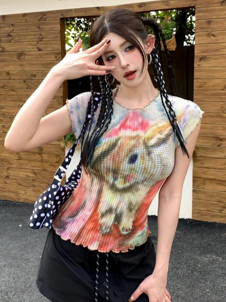 

Retro American Spicy Girl Short Sleeve T-Shirt Women Summer Design Gradient Dyed Mesh Pleated Top City Walk Polyester Fiber