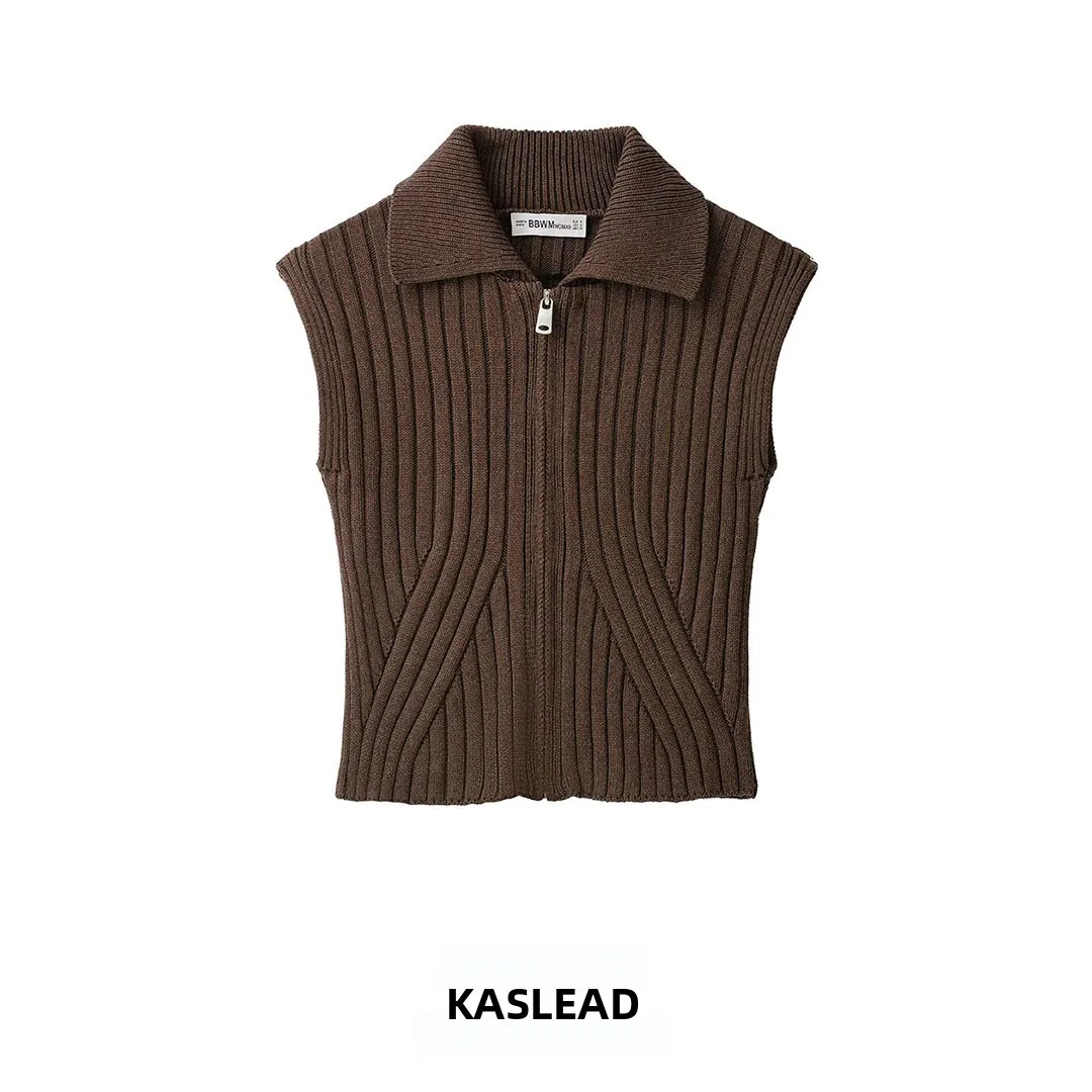 KASLEAD New Women's Fashion High-End Rib Knitted Vest Versatile Polyester Fiber Zipper Closure Striped Pattern Regular Length