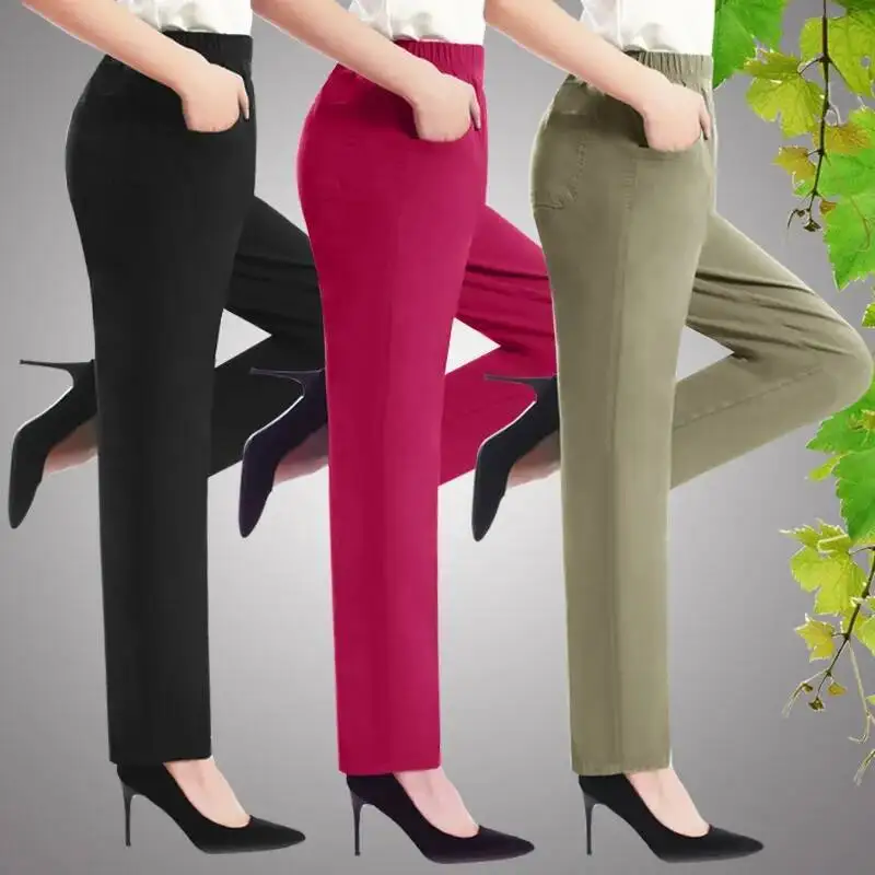 

2025 Spring Summer Elastic Cotton High Waist Women's Trousers Casual Straight Nine-point Pants White Women Cropped Trousers