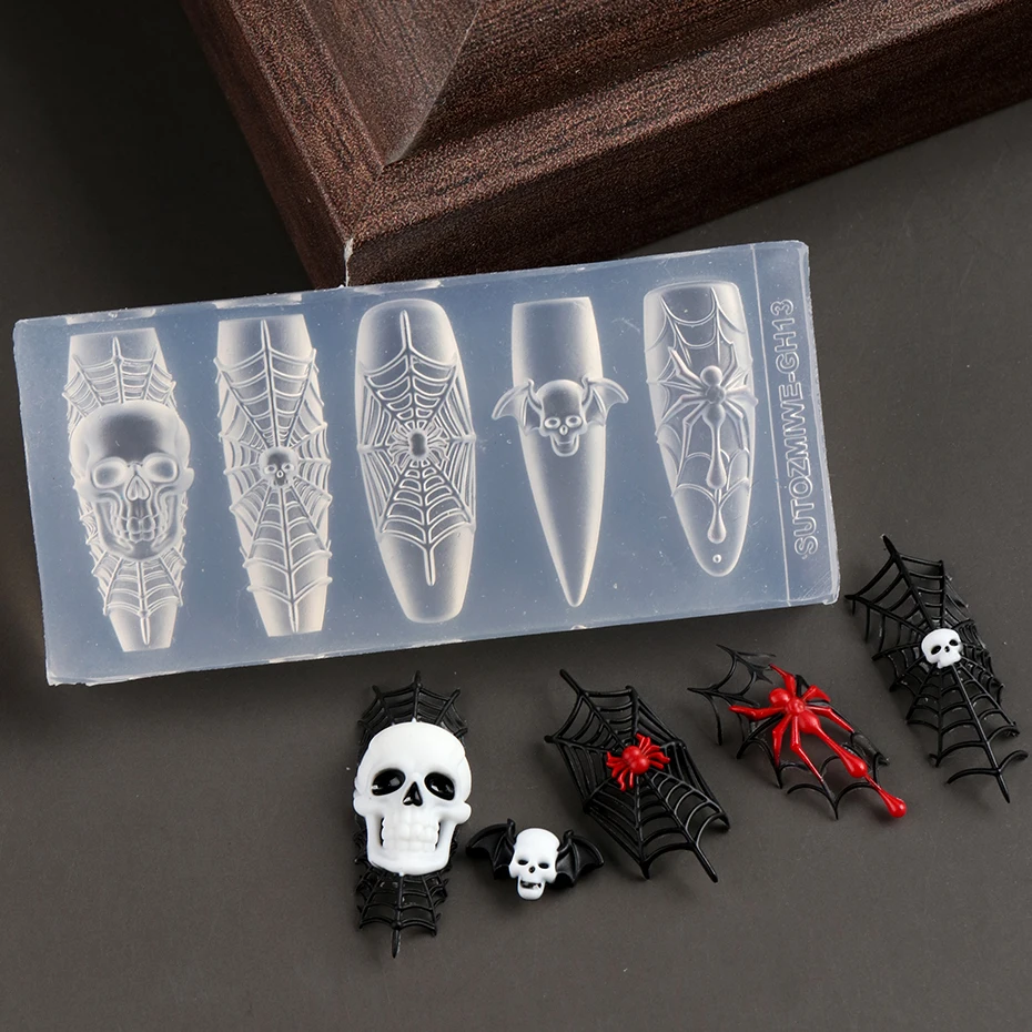 3D Totenkopf Fledermaus Spinnennetz Nagel-Silikonform Halloween Gothic Nagelkunst-Form Skelett Nagel-Charms Dekorationen Vorlage Nagelform – Detail 4