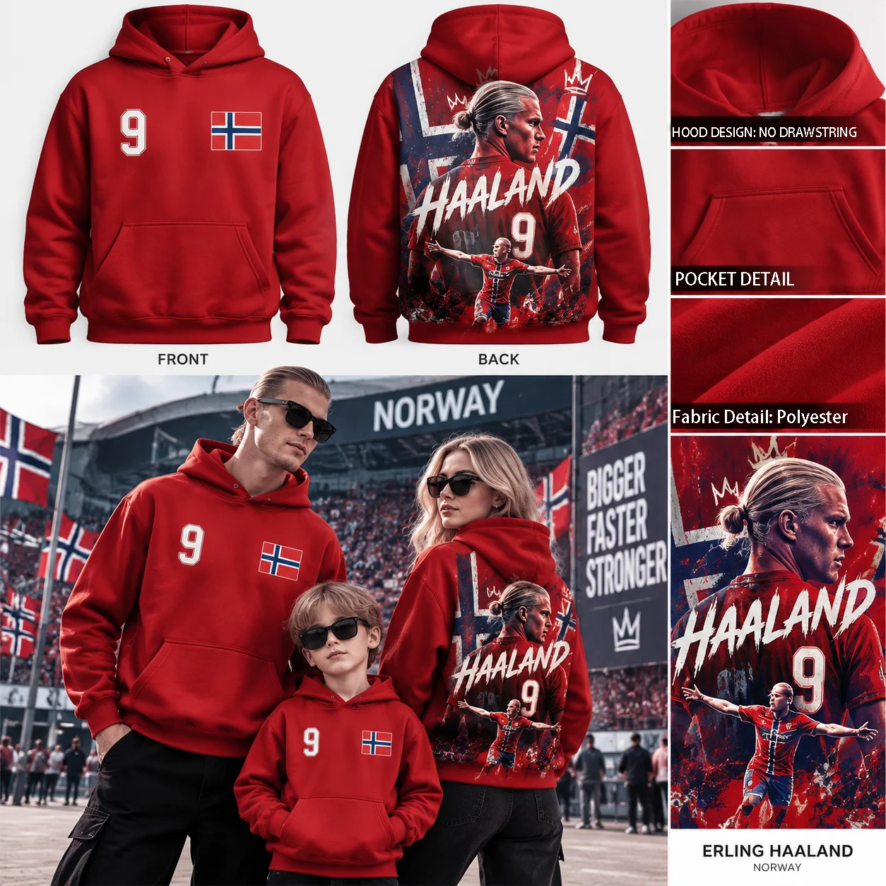 2026-2027 Y2K Casual Streetwear Haaland Family Matching Hoodie Long Sleeve Sweatshirt for Parents Kids Men Women Fans Gift Idea