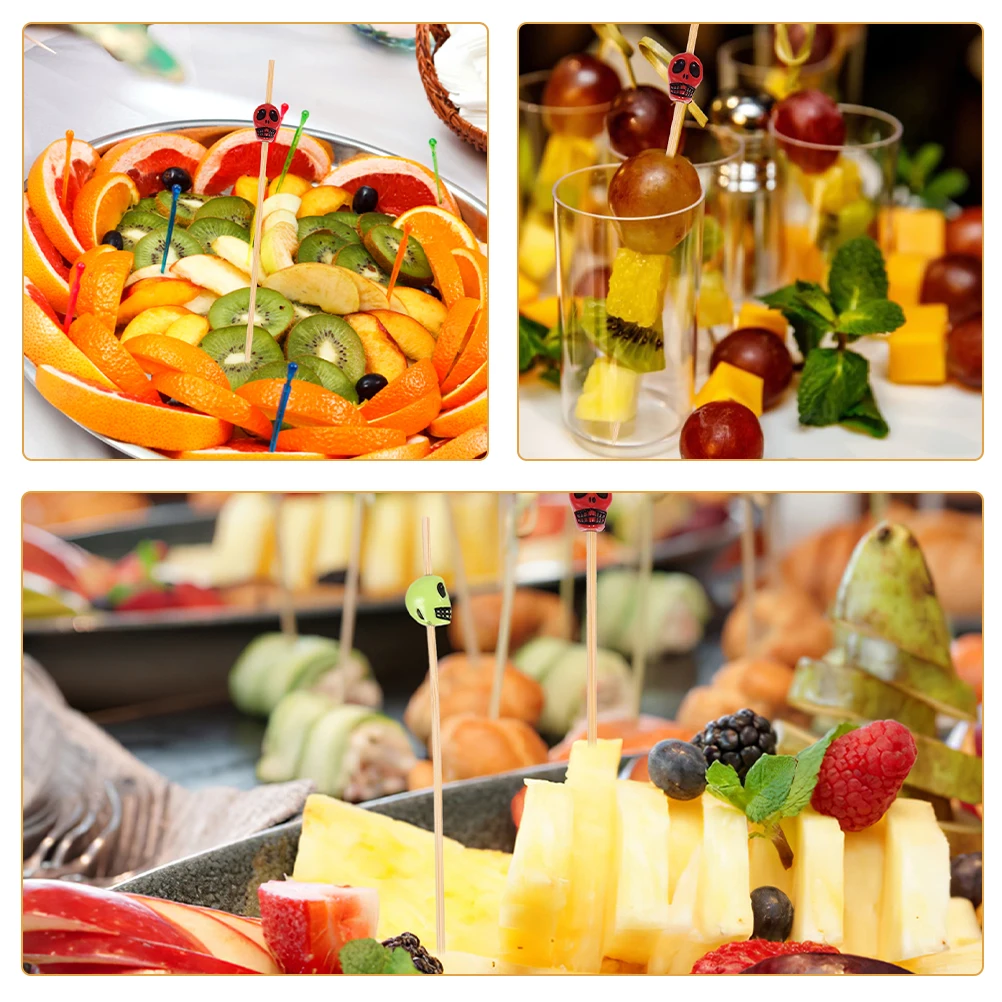 

100 Pcs Fruit Skull Bamboo Stick Funny Forks Food Picks Cocktail Cupcake Beverage Stirrers Skewer Decorative Toothpicks Skewers