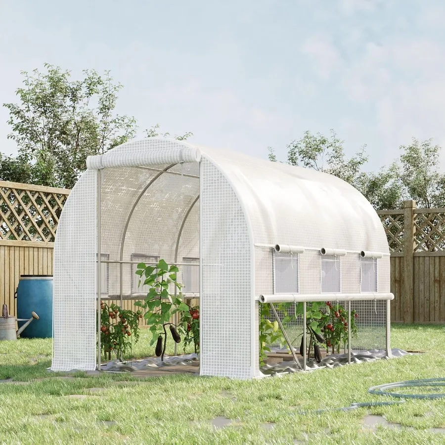 Walk-in Tunnel Greenhouse for outdoor gardening, white polyethylene fabric, white color, zippered doors for easy access and ven