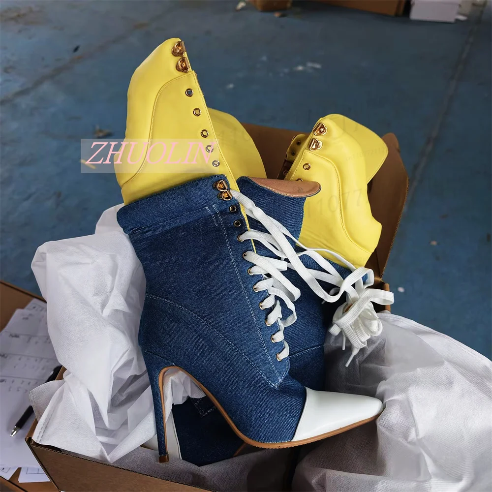 Women Blue Denim Knee High Boots Pointed Toe Stiletto High Heels Lace Up Yellow White Color Block Tall Tongue Party Dress Shoes