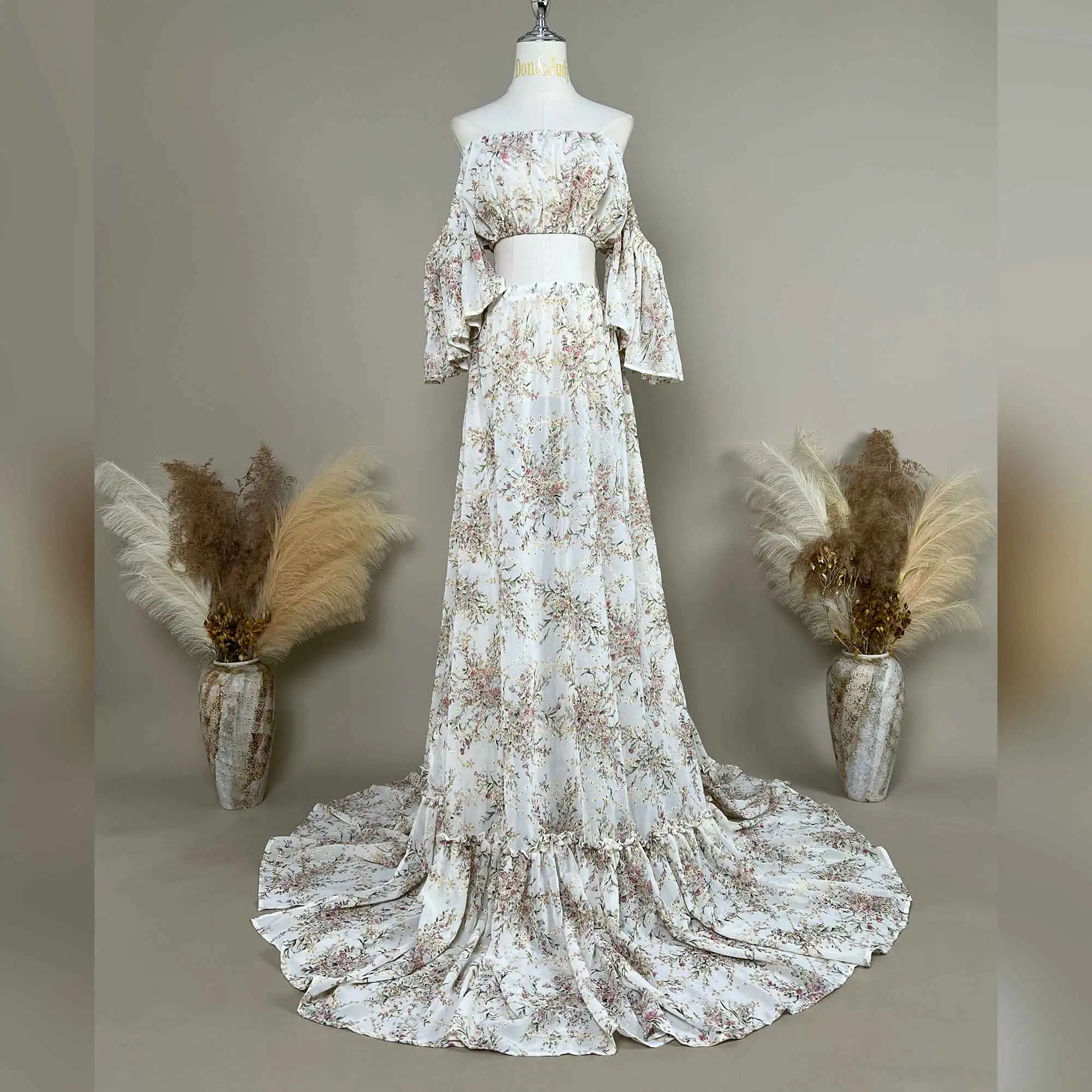 

Don&Judy Floral Top and Skirt Set Side Slit Dress Maternity Photography Dresses Photoshoot Gown Pregnant Photo Session