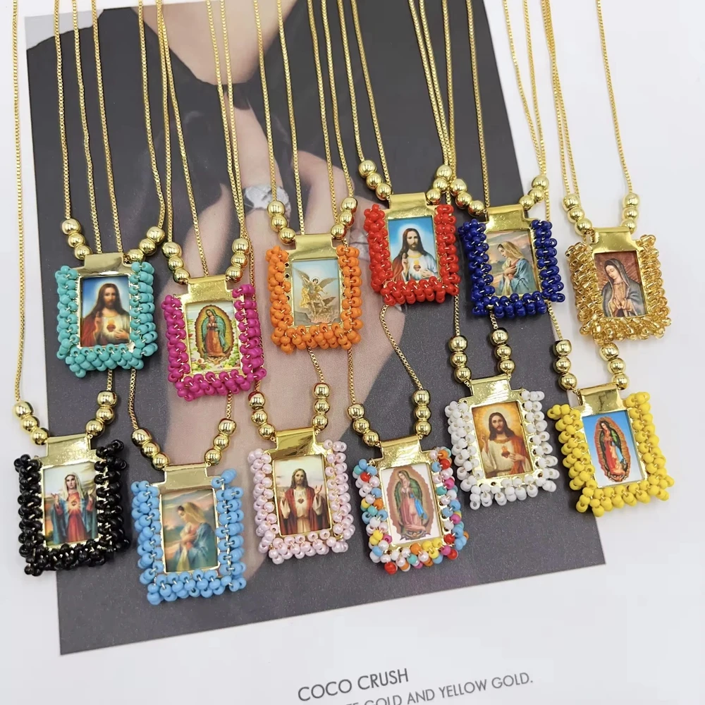 

5pcs, Fantastic Saints necklaces colorful crystal religious necklace for gifts 18k gold plated box chain necklace