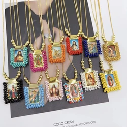 5pcs, Fantastic Saints necklaces colorful crystal religious necklace for gifts 18k gold plated box chain necklace