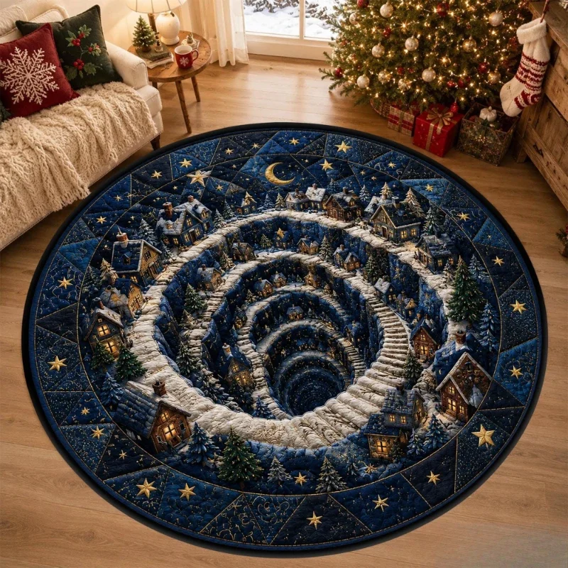 Round Holiday Rug 2D Christmas Village Cabins Printed Circular Carpet Snowy Swirling Vortex for Sofa Floor Xmas Decor