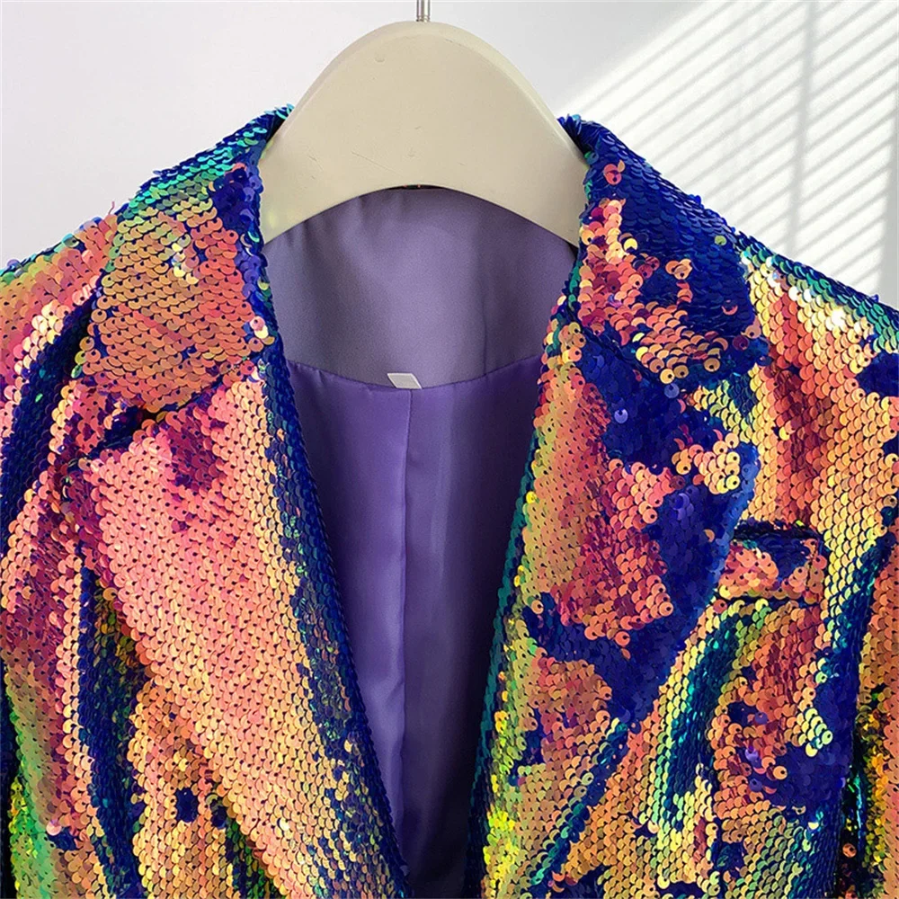 Robe blazer à paillettes pour femme, bouton unique, col à revers, paillettes, bleu, mode colorée, longue veste de club de fête, nouveau