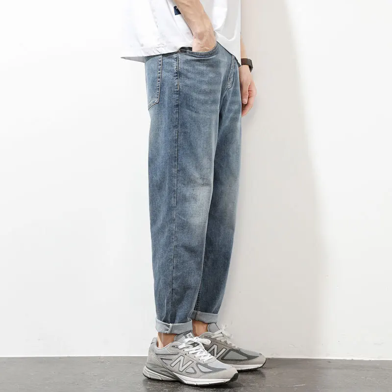 Men's Straight Tube Loose Light Color Breathable Jeans Ice Silk Cool Feeling Cropped Slim Denim Pants