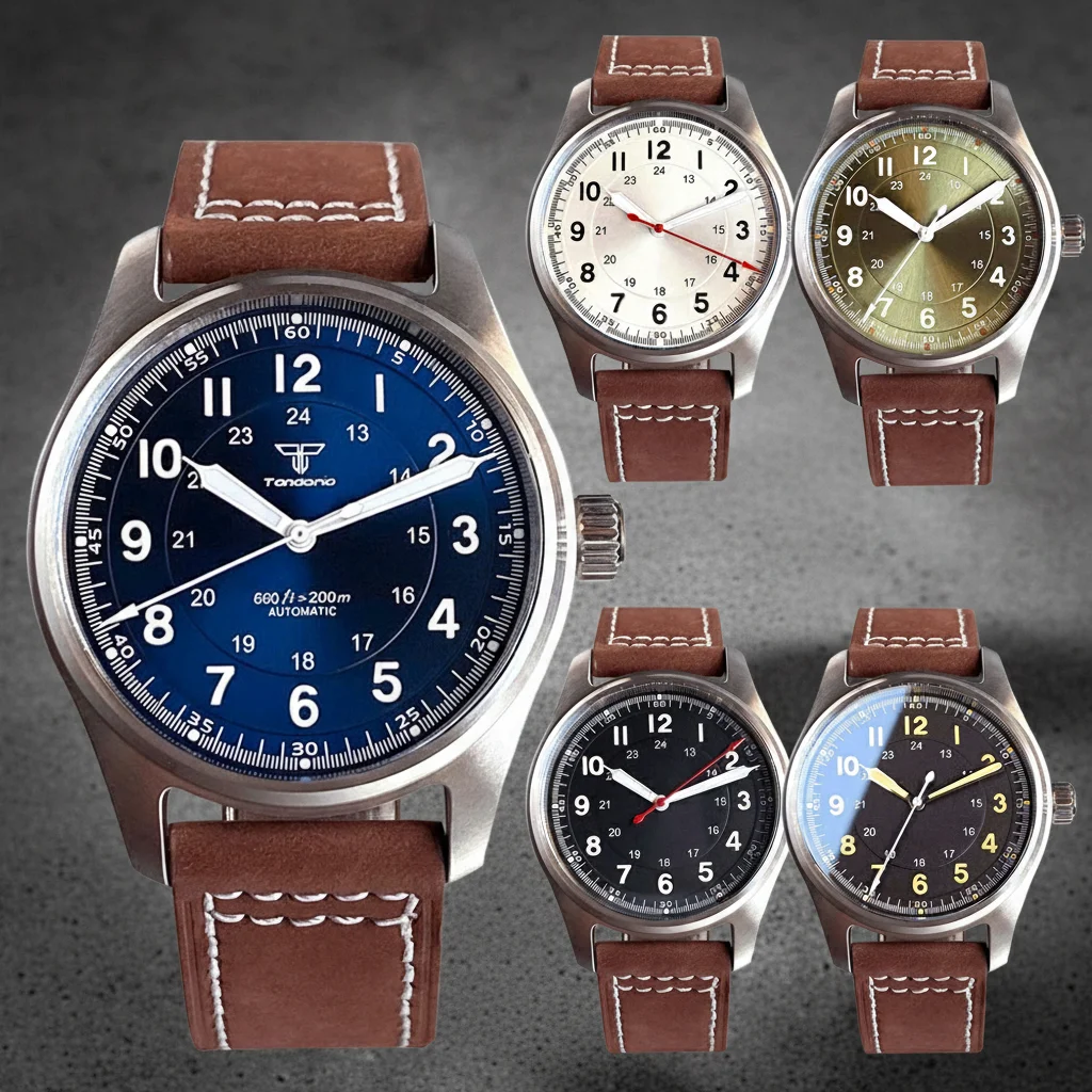Tandorio NH35A Automatic Pilot Watch for Men Mechanical PT5000 Diving Watches Sapphire Crystal 20BAR Waterproof 39mm