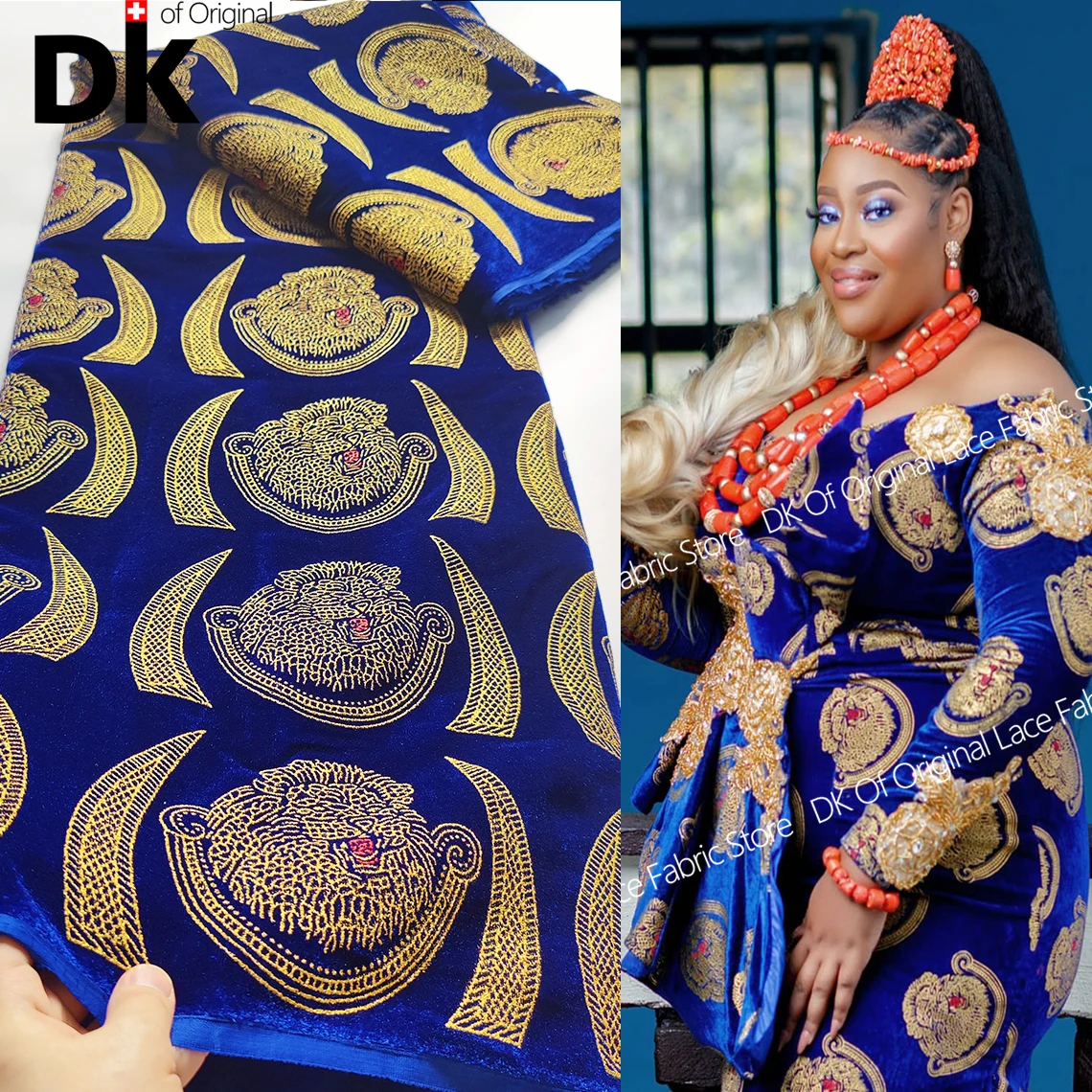 Royal Blue African Traditional George Isiagu Velvet Fabric For Wedding Dress Ankara High Quality Nigeria Velvet Lace Material