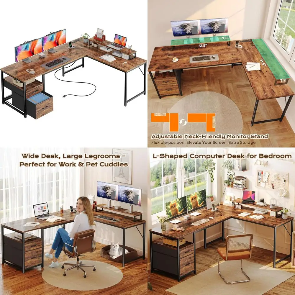 

63-дюймовый угловой стол L-образной формы в деревенском стиле, коричневый, с розетками и USB-C, для домашнего офиса, с местом для хранения и подставкой для монитора