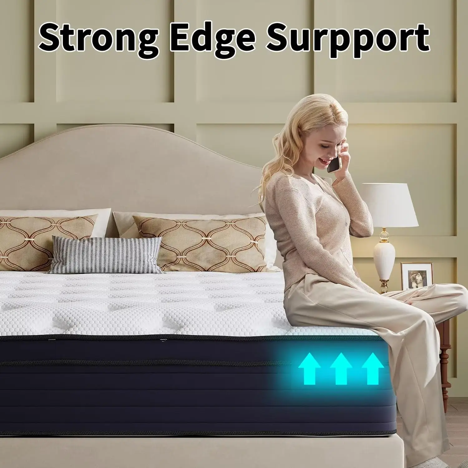 Full Size Hybrid Mattress 14 Inch Green Tea & Gel Memory Foam CertiPUR-US Pressure Relief Back Pain Breathable Sleep, Customized