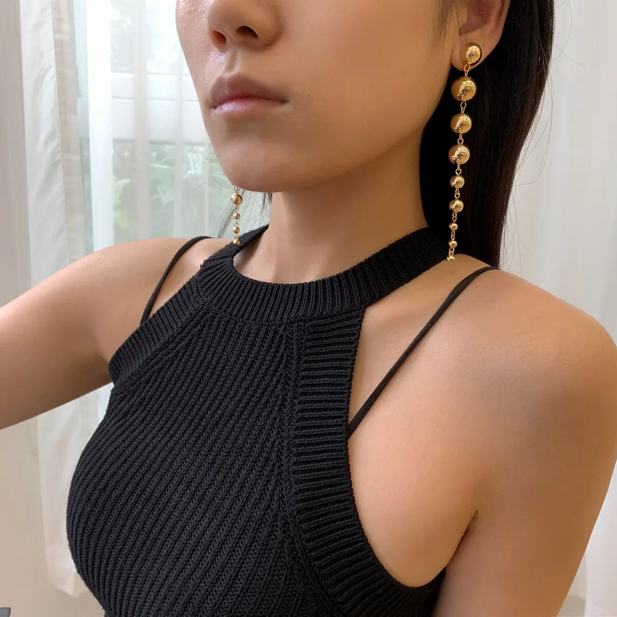 Punk Vintage Long Hanging Big Ball Pendant Drop Earrings for Women Classic Acrylic Bead Tassel Dangle Earrings Ear Jewelry Gift view 2