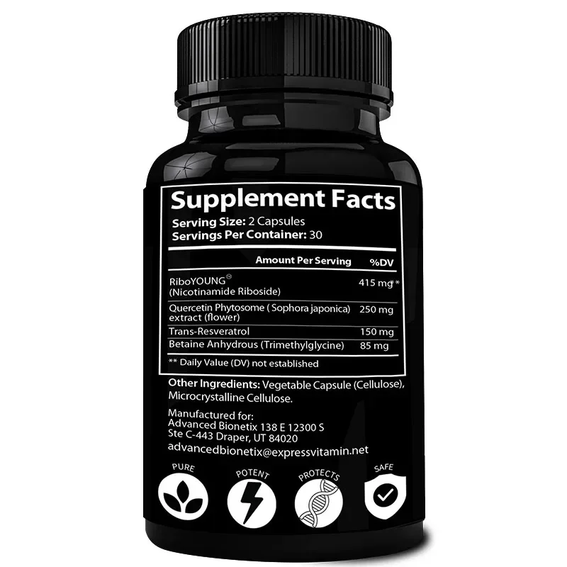 NAD+ Supplements - Nicotinamide Riboside, Resveratrol, Quercetin, Betaine, Anti-Aging Brain Heart Immune Cellular Energy &Repair