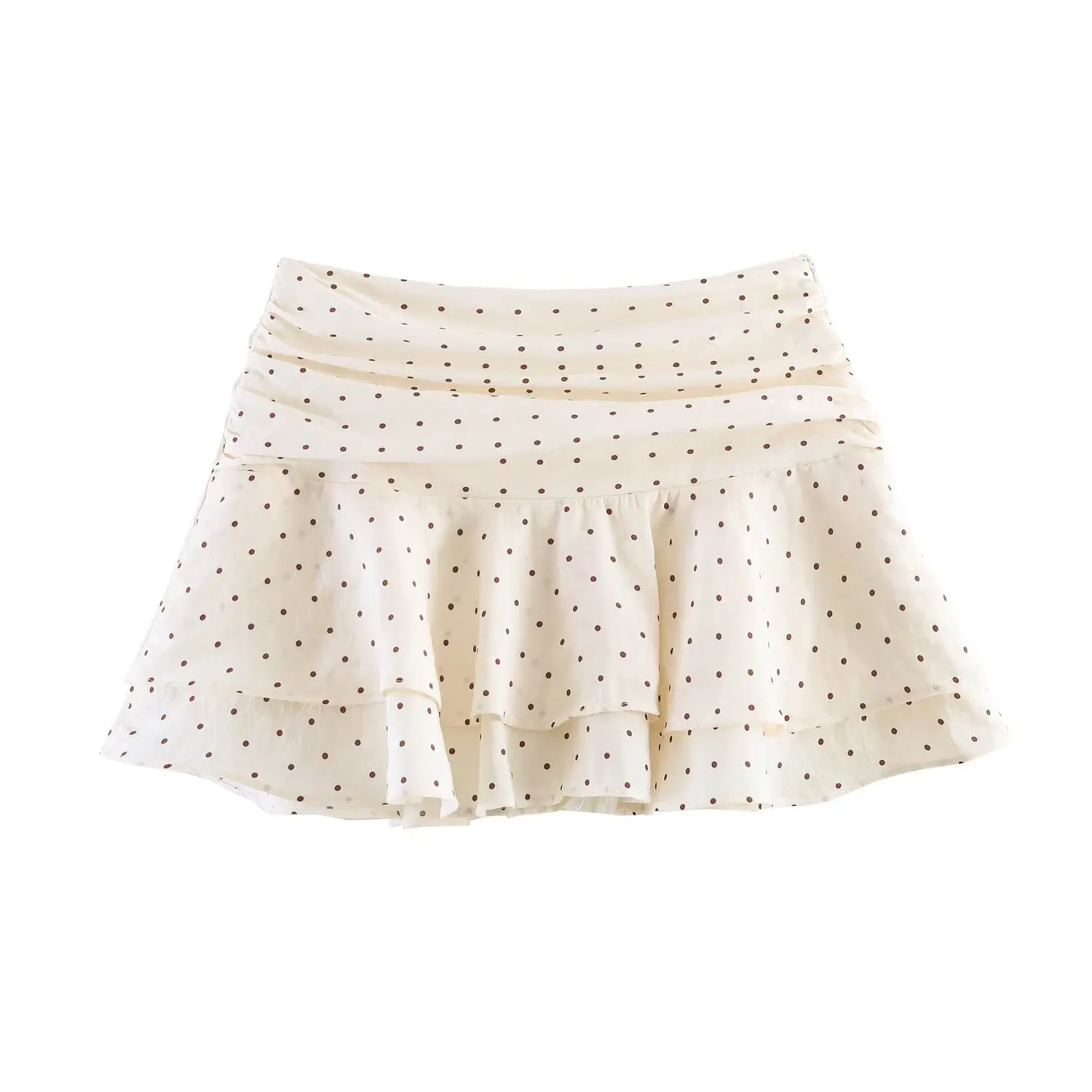 BSAY Neuer Beiger Gepunkteter Skort für Damen, Hochgeschnittener Plissierter Rüschen-Minirock, Sommerliche Lässige Strandshorts mit Futter – Detail 2