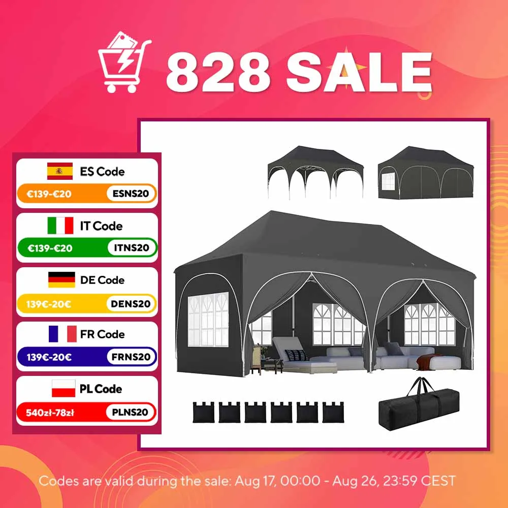 Tente pliante Outsunny 6x3 m, pop-up, avec 6 parois amovibles, gazebo de jardin à hauteur réglable, fenêtres, sac de rangement