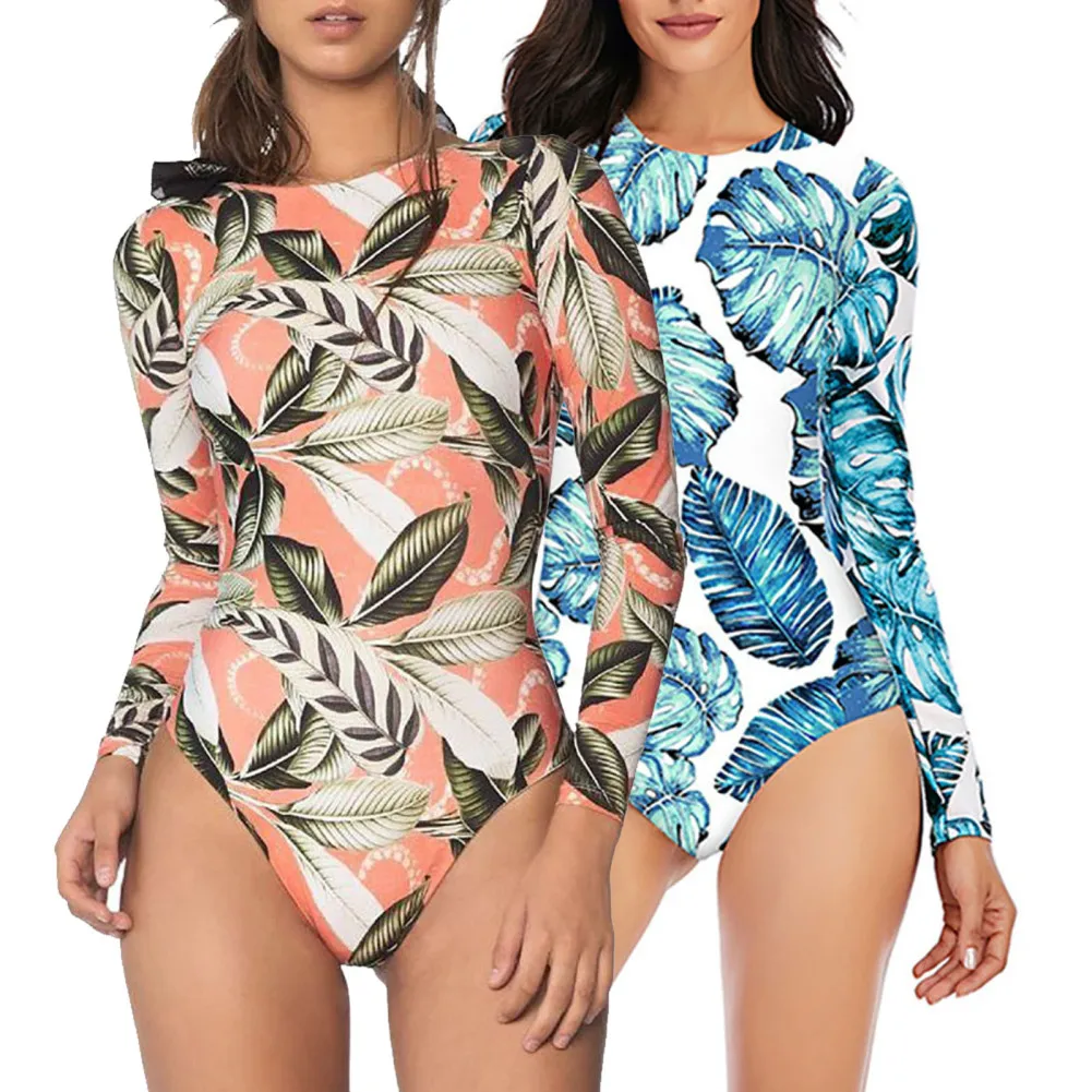 Women Rash Guard Long Sleeve Backless Sun Protection Athletic Swimsuit Trendy Printed Surfing Bathing Suit