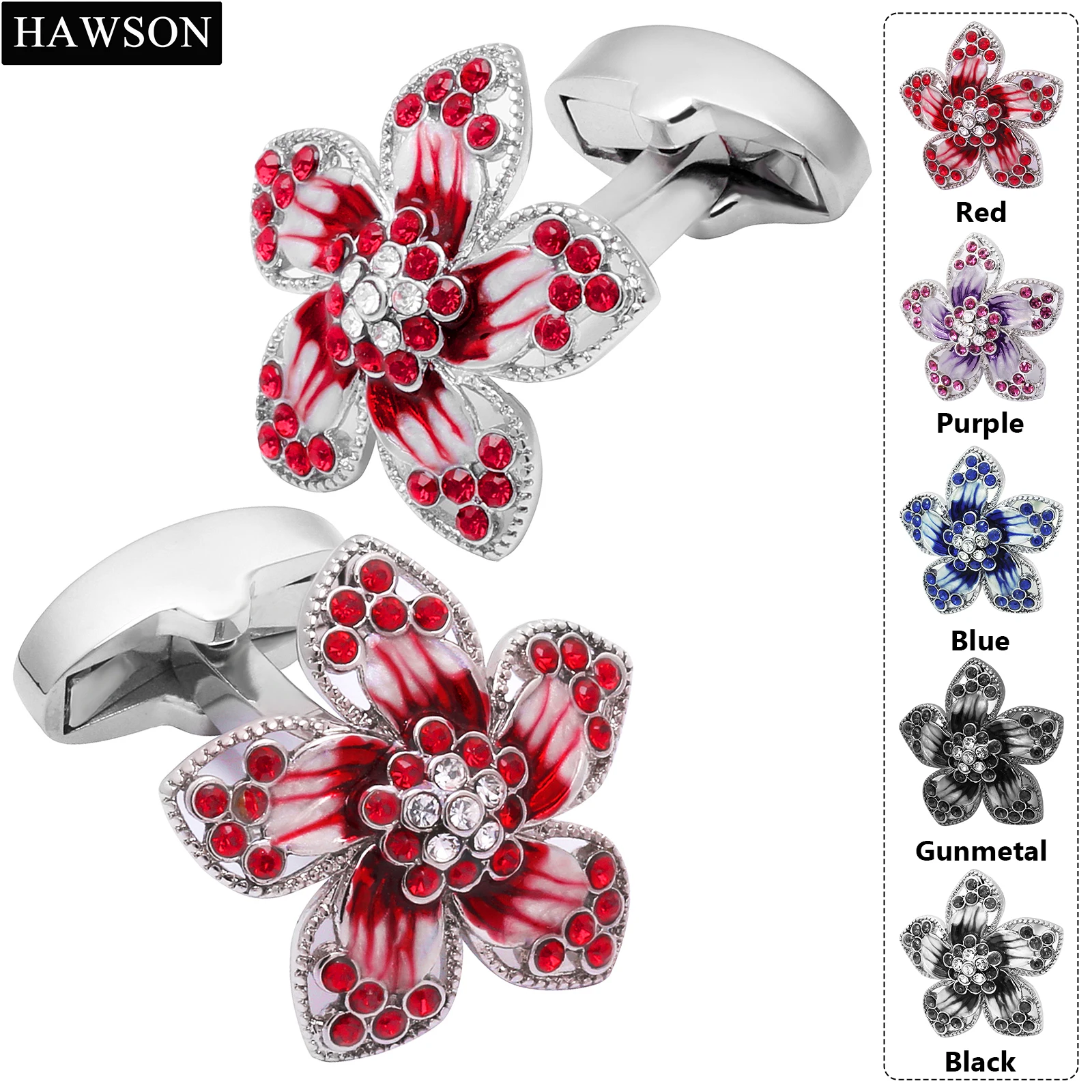 HAWSON Flowers Cufflinks with Crystal Shirt Cufflinks for Mens, Wedding Business French Shirt Cufflinks with HAWSON\'s LOGO