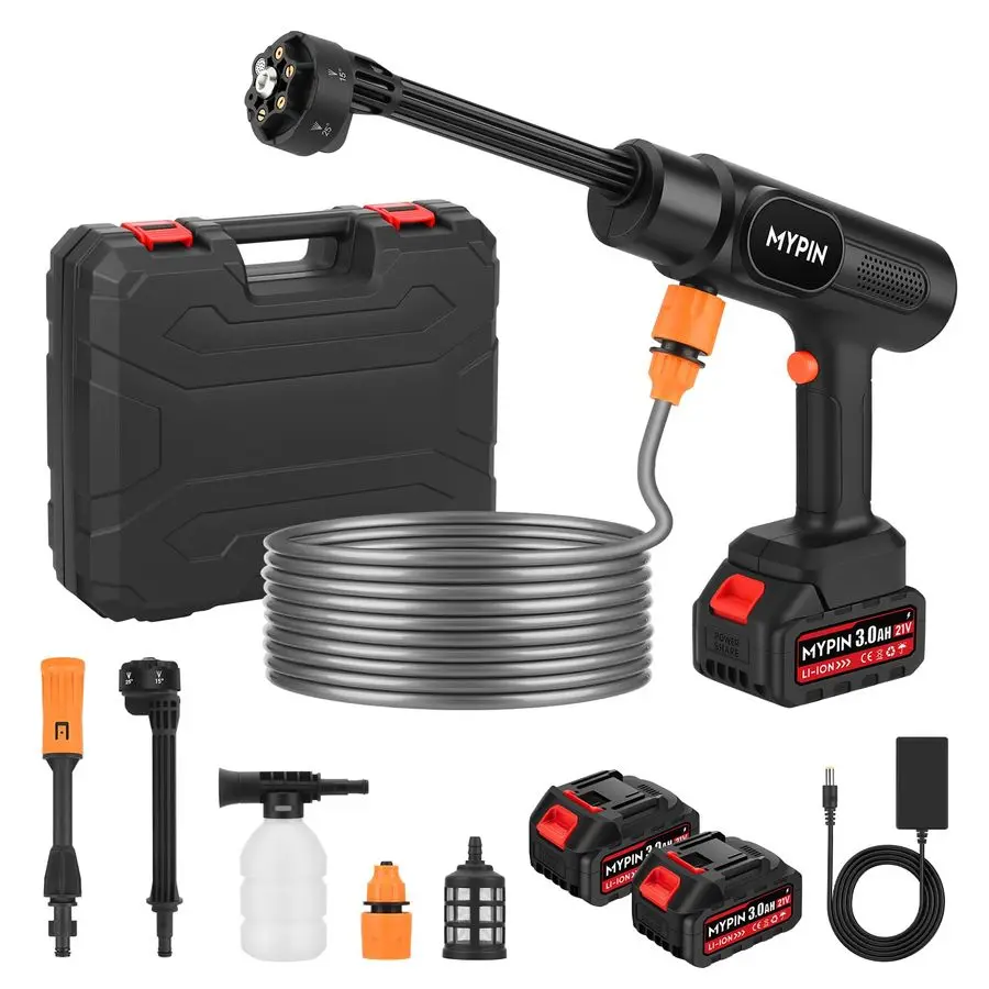 Lavadora a presión inalámbrica, lavadora a presión recargable de dos baterías de 600 PSI y 21V, boquilla 6 en 1 con boquilla estándar para Ca
