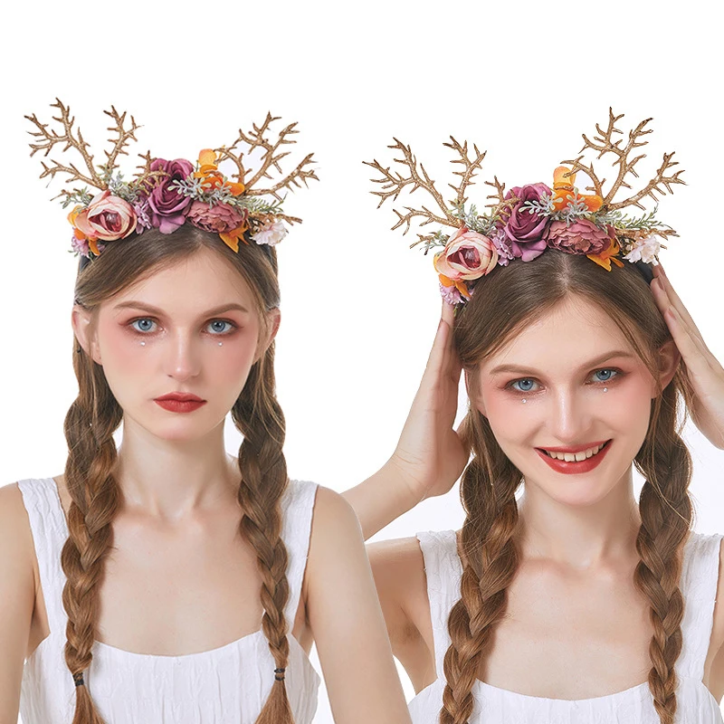 

Christmas Antlers Flower Headband For Women Girls New Year Party Gift Hair Hoop Fashion Hairband Holiday Party Hair Accessories