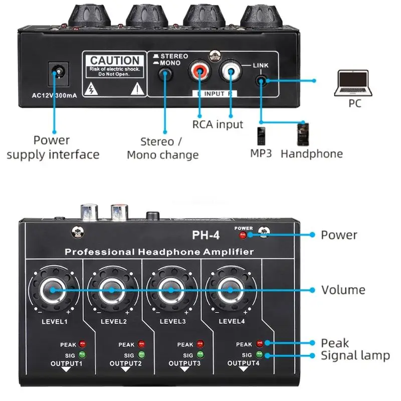 Mini amplificatore per cuffie con uscita stereo a 4 canali ultracompatto da 6,35 mm/3,5 mm Dropship