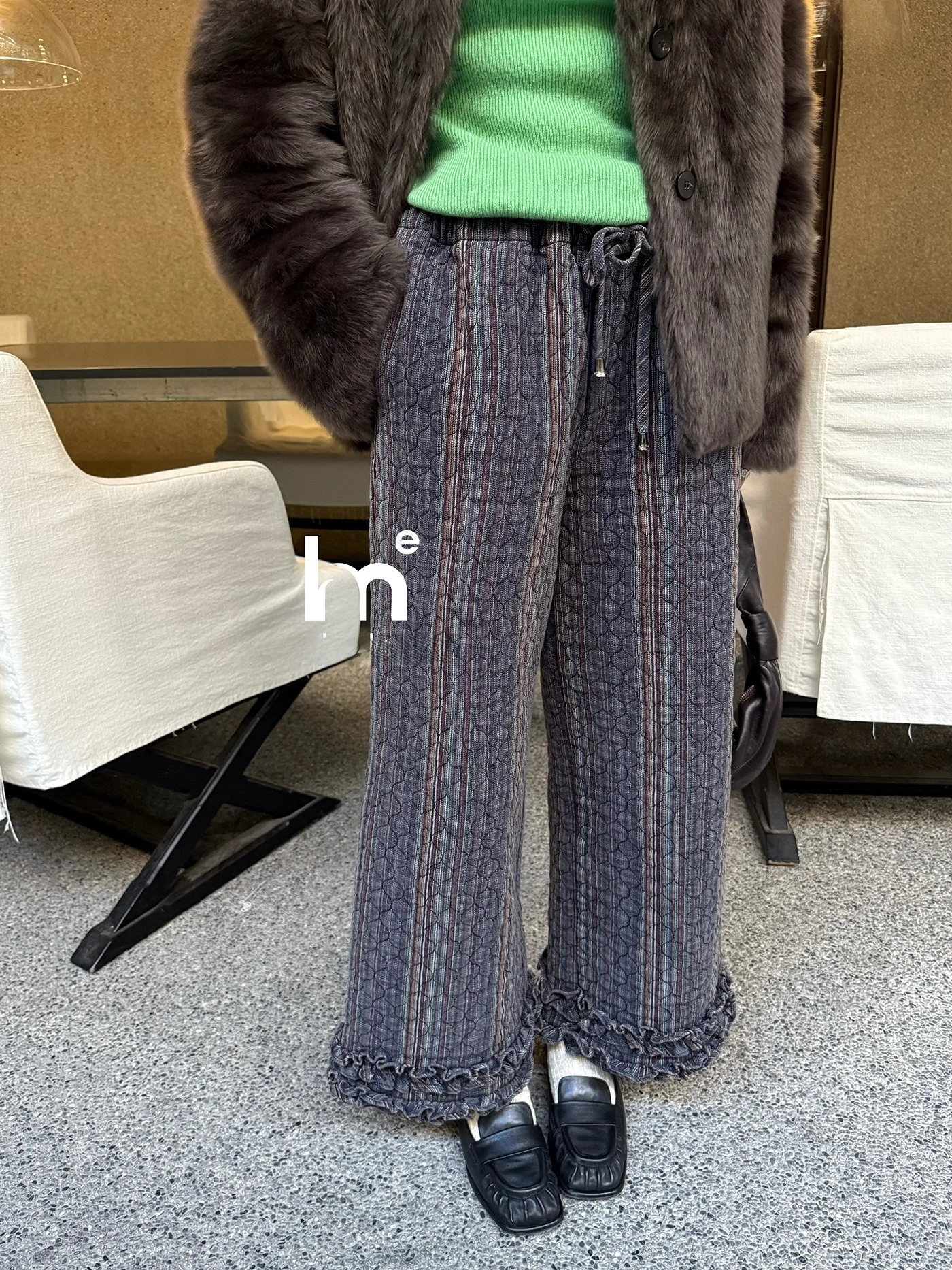 

Heavy Industry Ready-to-wear Waed Vintage Color Stripe Lace Hem Elastic Waist Thiened Nine-point Cotton Pants for Women