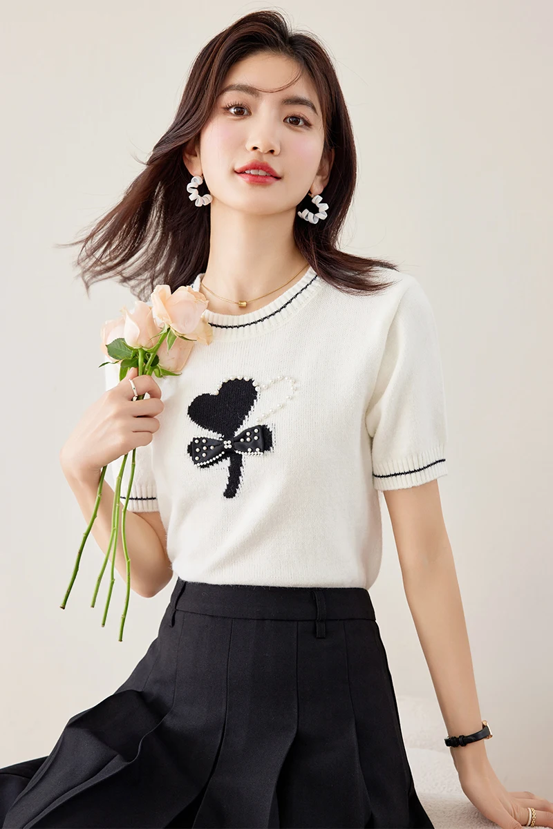 2024 New Summer Women Knitted T-shirt Fashion Bow Peals Beading O-Neck Short Sleeve Sweater Pullover Knitwear Tops Casual Tees