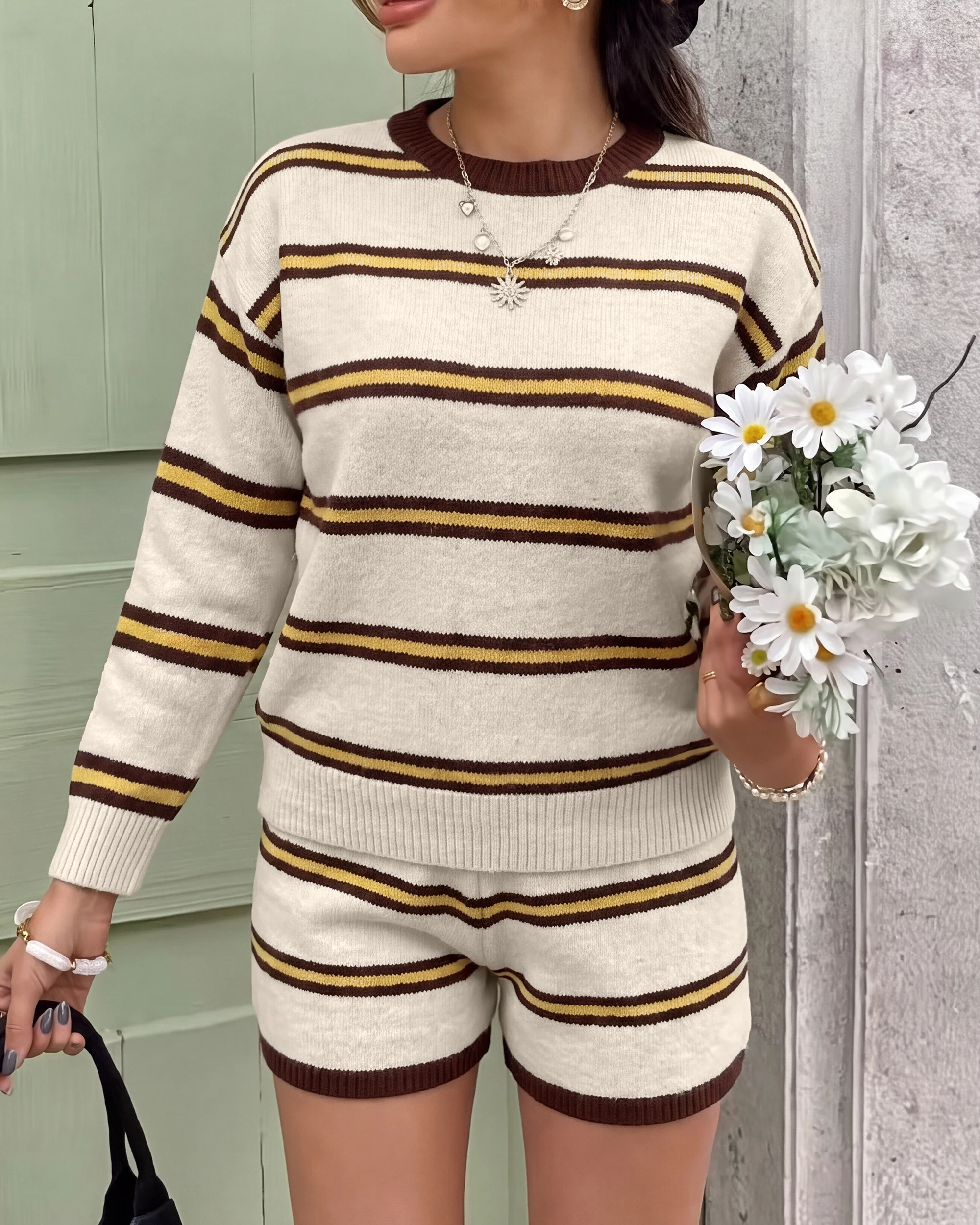 Women's Casual Striped Knit Sweater Shorts Set Long Sleeve Crew Neck Loungewear view 3