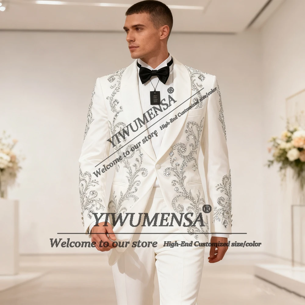 الرائعة مطرز بلورات بدل زفاف للرجال واحدة الصدر سترة السراويل 2 قطعة مجموعات مخصصة العريس سهرة Ropa Hombre