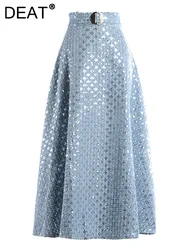 DEAT-Jupe Maxi en Denim pour Femme, Broderie à Paillettes, Taille Froncée, Style Dame de Bureau, Ligne A, Mode Automne 2024, 15AK878