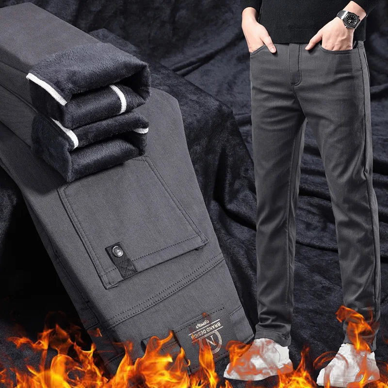 

Winter Fleece Casual Pants Men's Straight Slim Thick Warm Male Business Fashion Casual Elastic Comfort Velvet Trousers