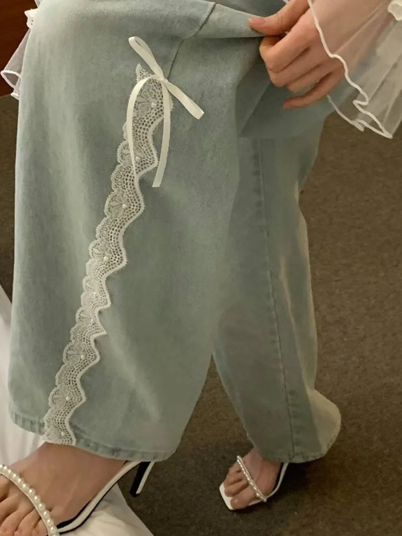 

Джинсы с рюшами и кружевными узлами, женские винтажные джинсы, свободные длинные брюки с эластичной резинкой на талии, прямой крой