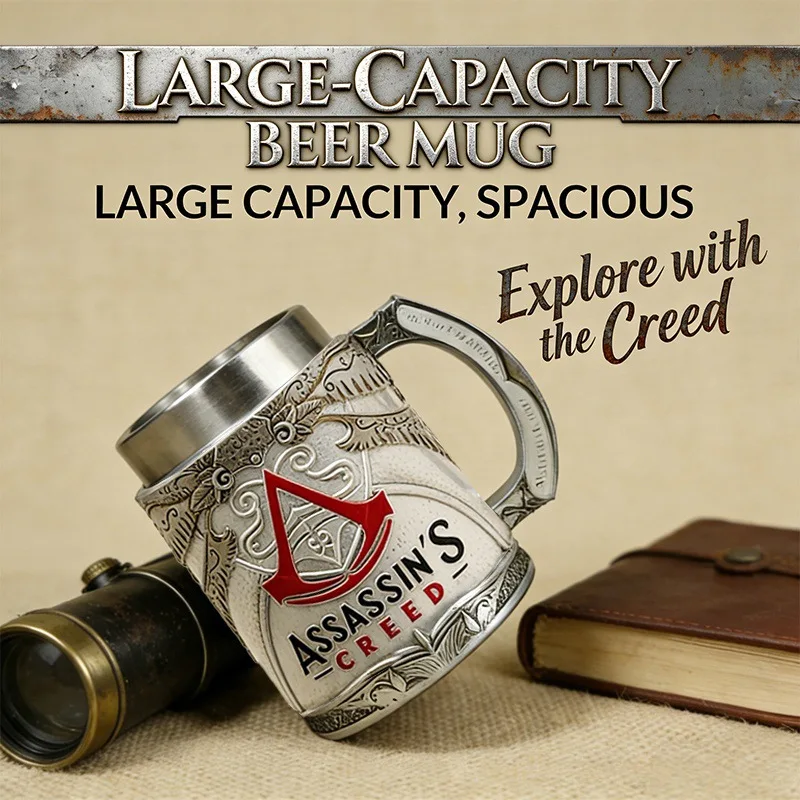 Assassin's Creed Large Capacity Beer Mug Game-Themed Stainless Steel Resin Drinkware Creative Collectible Gift for Fans