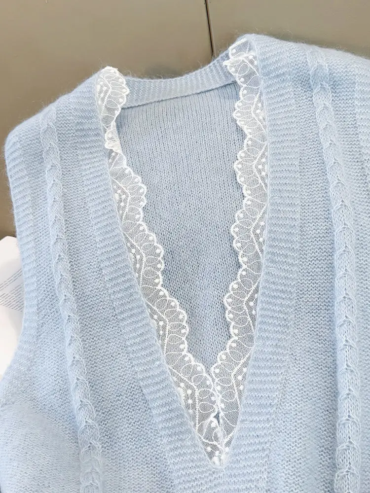 

Y2k Lace Splicing V Neck Knitted Vest Women 2025 Autumn Overlap Sleeveless Sweater Pullover Sweet Versatile Crop Top