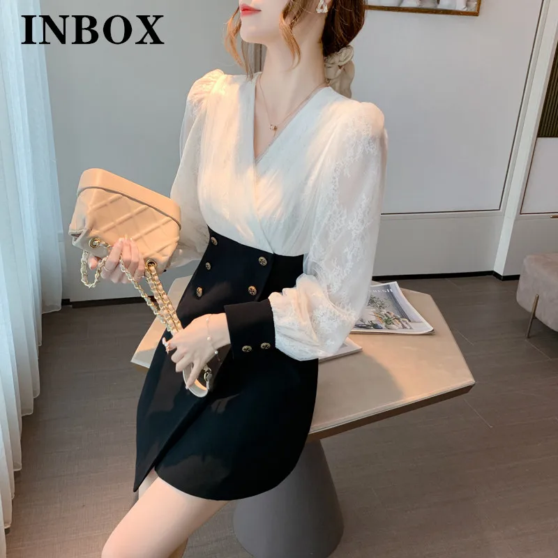 

Spring Office Wear Dress Designs Puff Sleeve Lace Patchwork Short Outfit Stylish Elegant Slim Contrast Color Irregular Dresses