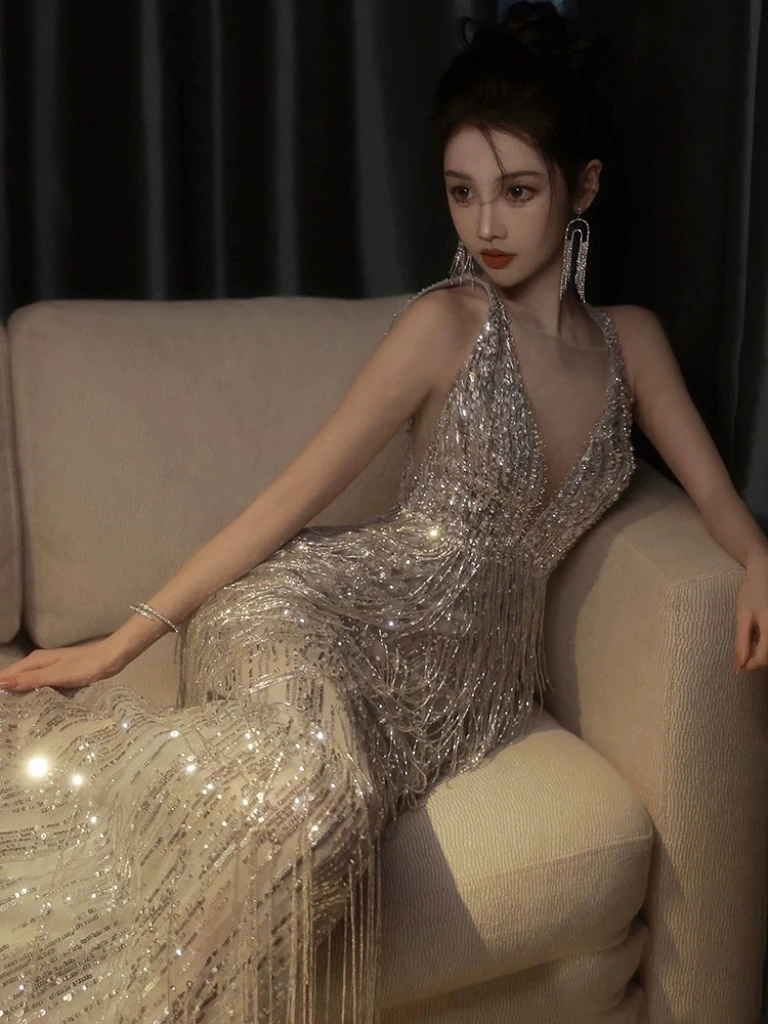 Sliver Gary Sequin Evening Dresses Mermaid Shinny Tassels Sexy V Collar Senior Wedding Toast Banquet Bridal Prom Gowns