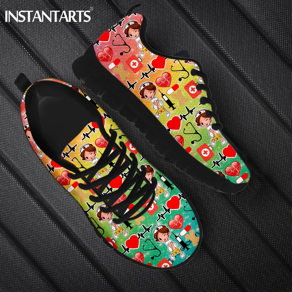 Women's Non-Slip Flat Shoes Nurse Shoes Lovely Nurse Girls Print Gradient ECG Medical Design Female Running Sneakers Girl Tennis