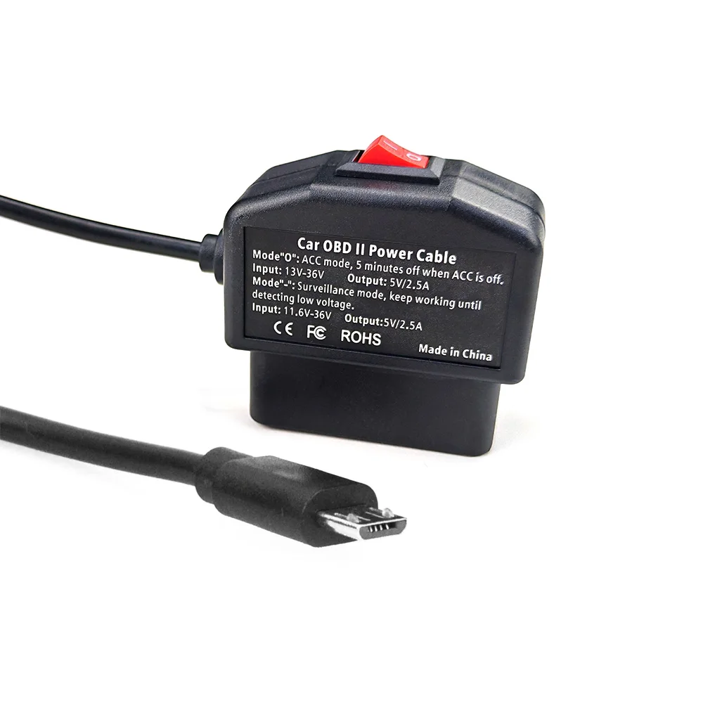Câble d'alimentation Micro OBD OBDII pour caméra de tableau de bord, Surveillance 24 heures et Acc deux modes avec bouton de commutation, sortie 5V/2,4a