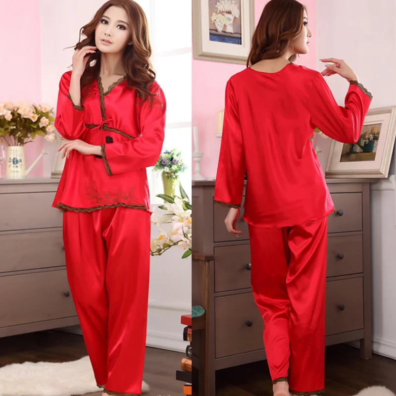 Women Silk Pajamas Set New Brand Spring Fall Fashion Lace Embroideried Nightgown Elegant Ladies Sleepwear Red,Beige White,Pink