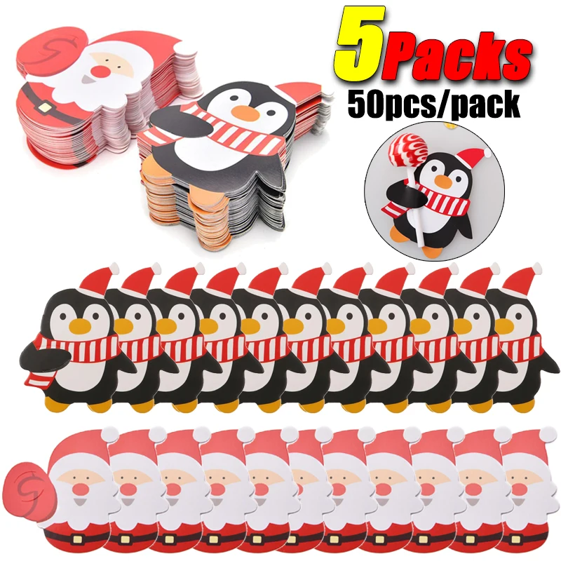 5Packs Christmas Candy Gift Wrap Santa Claus Penguin Candy Gift Wrap Lollipop Card Holder New Year Party Supplies