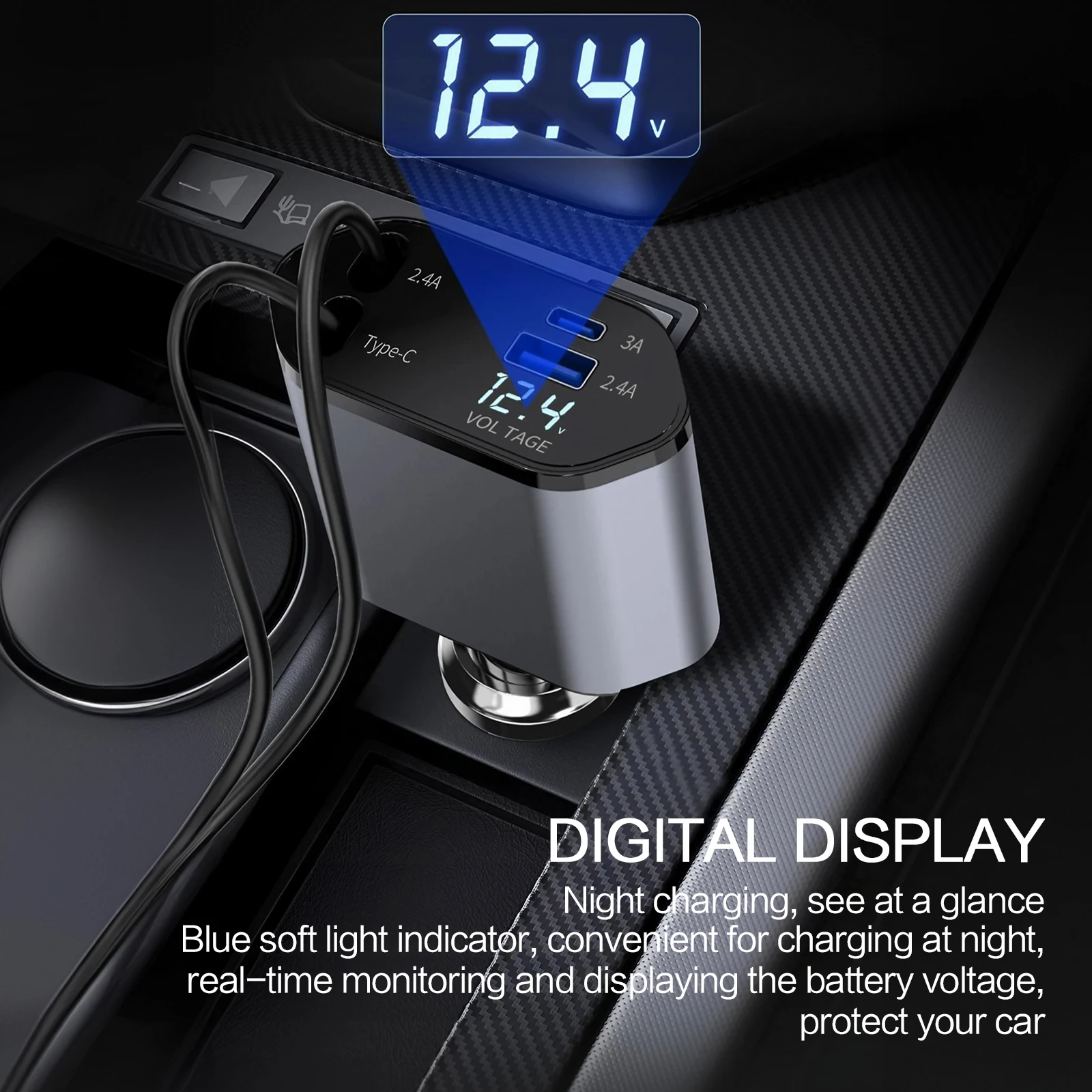 Hochwertiges 3,1 A Dual-USB-Autoladegerät, 2-Port-LCD-Display, Voltmeter, 12–24 V, Zigarettenanzünder-Auto-Ladegerät-Adapter – Detail 39