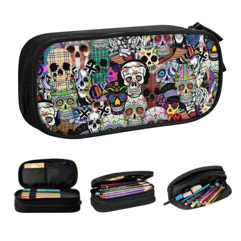 Custom Halloween Day Of The Dead School Pencil Case Boy Girl Large Storage Sugar Skull Catholic Pencil Pouch Students Stationery