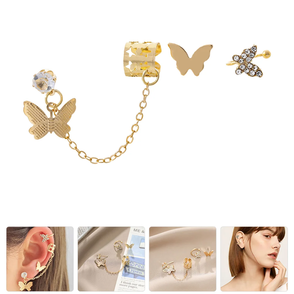 3 Pcs Butterfly Earrings Non-pierced Bone Clip Set with Diamond Tassel U-shaped Jewelry Alloy (gold) Studs