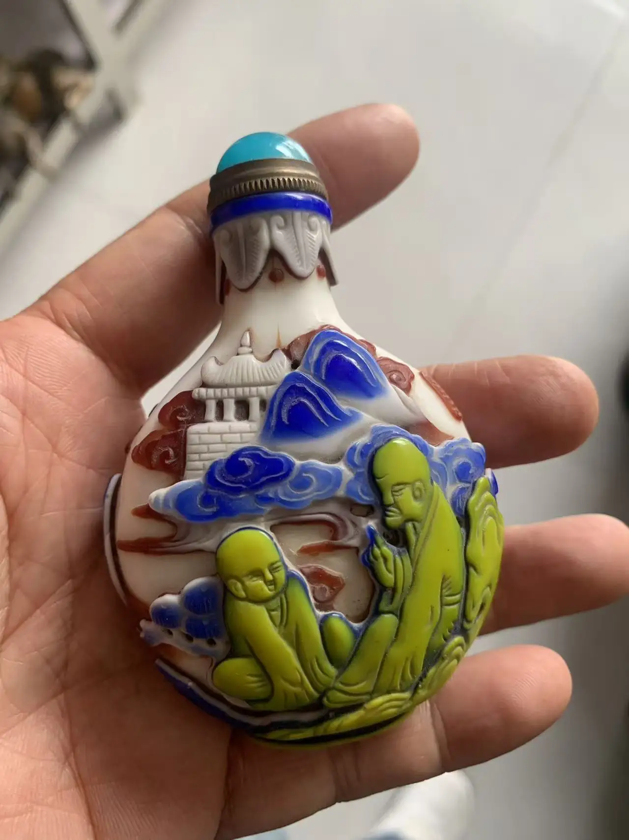 Rare Qing Dynasty  CHINESE Old colour glass caved SNUFF BOTTLE,colorful characters,Free shipping